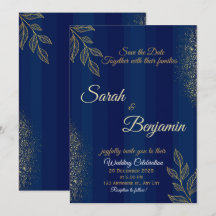 Invitación de boda elegante azul marino dorado