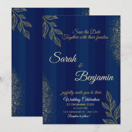 Invitación de boda elegante azul marino dorado