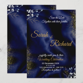 Invitación de Boda Elegante Azul Marino Dorado