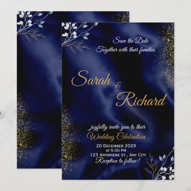 Invitación de Boda Elegante Azul Marino Dorado (Anverso / Reverso)