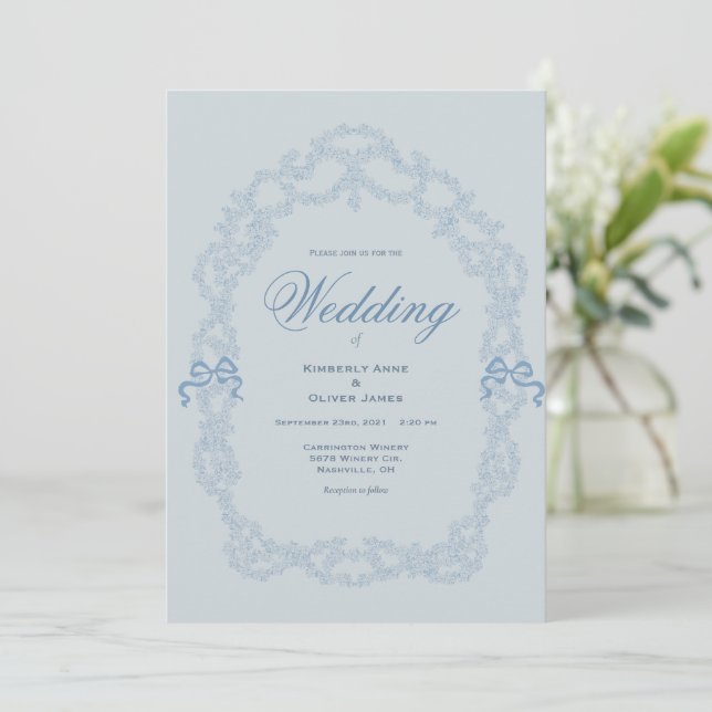 Invitación de boda elegante azul vintage (Anverso de pie)