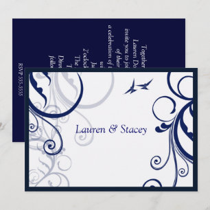 Invitación de boda elegante azul y blanca