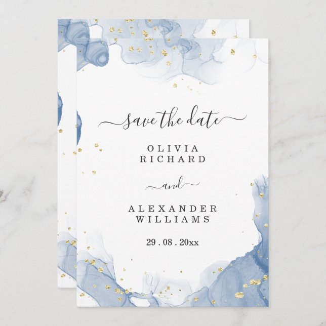 Invitación de boda elegante azul y dorado minimali (Anverso / Reverso)
