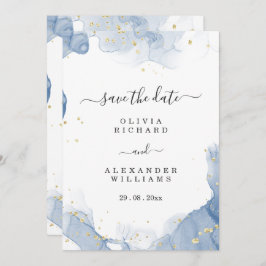 Invitación de boda elegante azul y dorado minimali