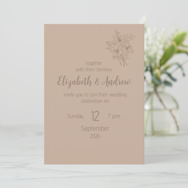 Invitación de boda elegante beige con flores (esti (Anverso de pie)