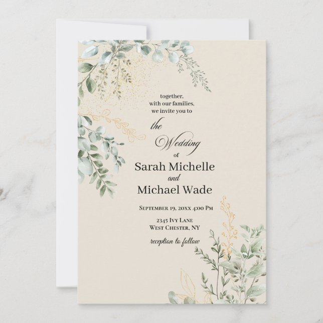 Invitación de boda elegante beige con vegetación (Anverso)