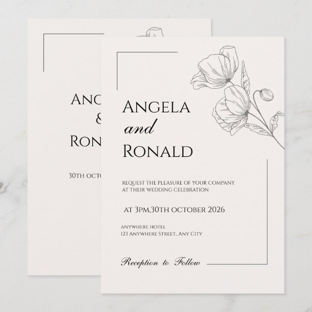Invitación de boda elegante beige floral minimalis (Anverso / Reverso)