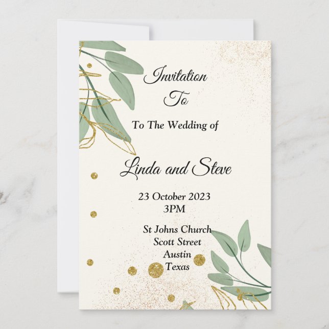 Invitación de boda elegante, beige verde dorado (Anverso)