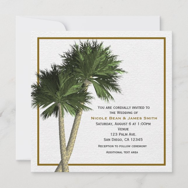 Invitación de boda elegante blanco y oro con palme (Anverso)