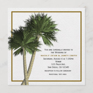 Invitación de boda elegante blanco y oro con palme