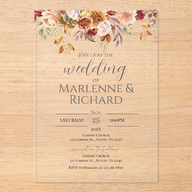 Invitación de boda elegante boho de acrílico (Anverso)