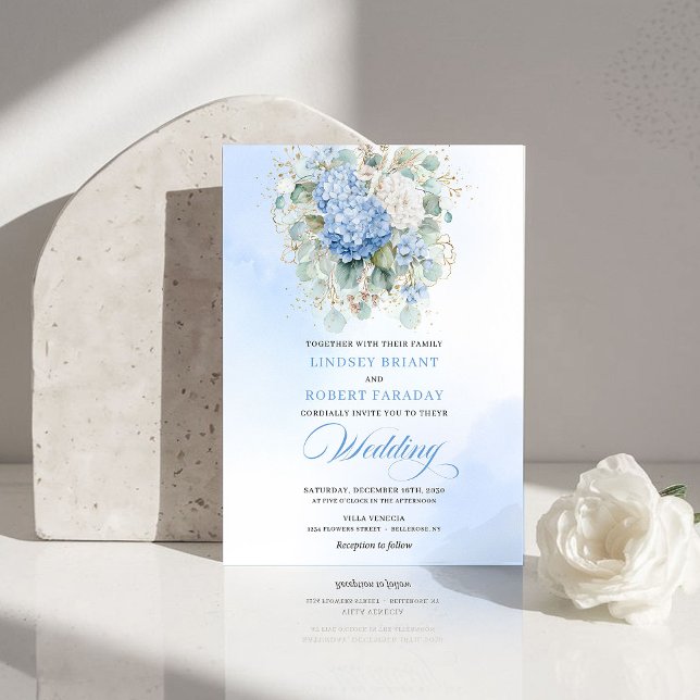 Invitación de boda elegante boho pastel azul horte (Elegant Boho Pastel Blue Hydrangea Wedding Invitation)