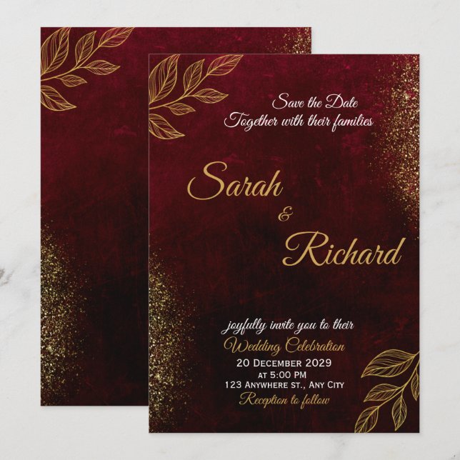 Invitación de Boda Elegante Burgundy Gold (Anverso / Reverso)
