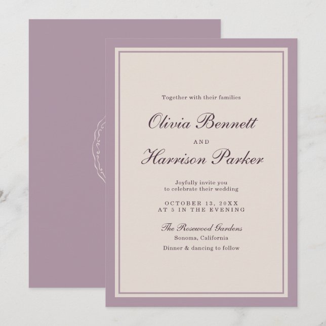 Invitación de boda elegante ciruela malva (Anverso / Reverso)