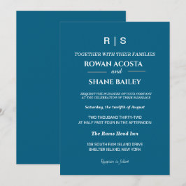 Invitación de boda elegante clásica azul con monog