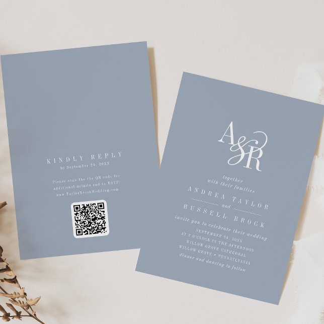 Invitación de boda elegante clásica código QR azul (ANDREA Dusty Blue QR Code Classic Elegant Wedding Invitation)