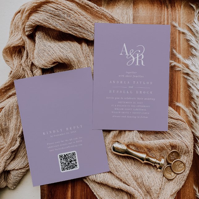 Invitación de boda elegante clásica con código QR  (ANDREA Lavender QR Code Classic Elegant Wedding Invitation)