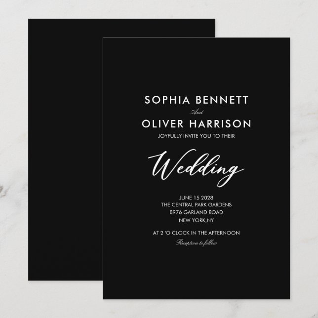 invitación de boda elegante CLÁSICO SIMPLE negro (Anverso / Reverso)