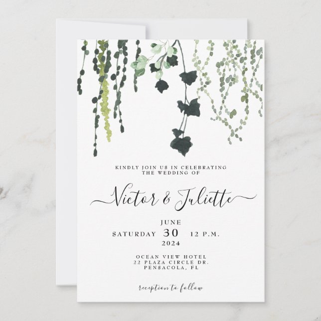 Invitación de boda elegante colgante de eucalipto (Anverso)