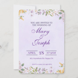 Invitación de boda elegante con acuarela púrpura