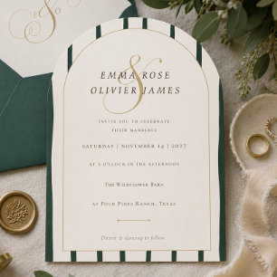 Invitación de boda elegante con arco de oro esmera