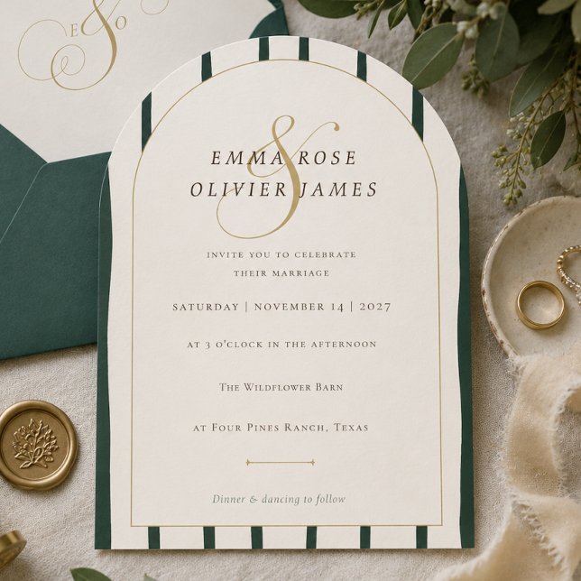 Invitación de boda elegante con arco de oro esmera (Elegant Emerald Gold Arch Wedding Invitation)