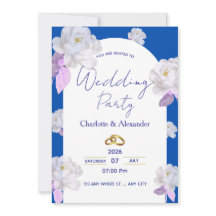 Invitación de boda elegante con arco floral azul
