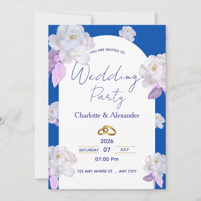 Invitación de boda elegante con arco floral azul (Anverso)