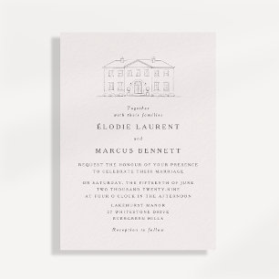 Invitación de boda elegante con boceto de lugar en