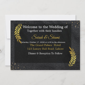 Invitación de boda elegante con brillo negro y dor