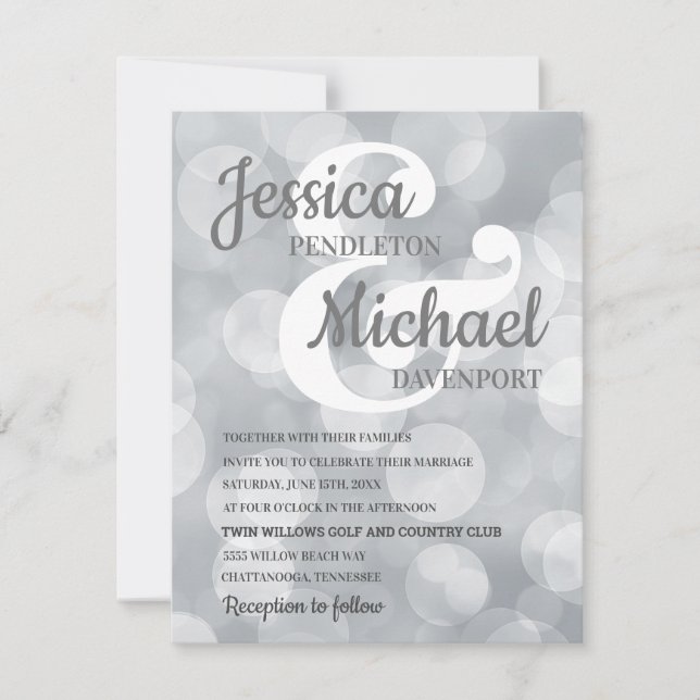 Invitación de boda elegante con brillo plateado y  (Anverso)