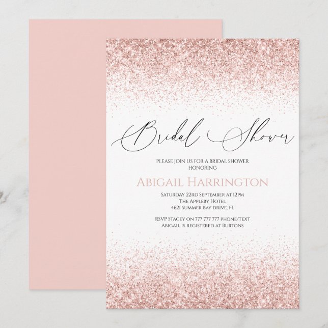 Invitación de boda elegante con brillo rosa (Anverso / Reverso)