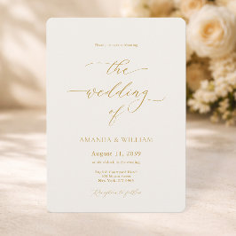 Invitación de boda elegante con caligrafía dorada