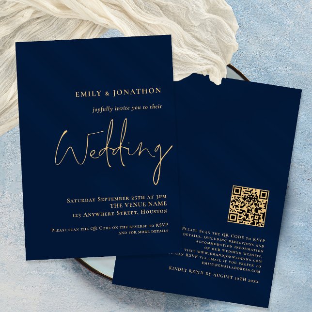 Invitación de boda elegante con código QR Navy Gol (Subido por el creador)