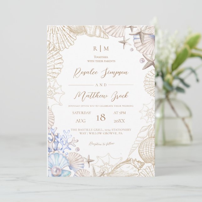 Invitación de boda elegante con conchas de playa (Anverso de pie)
