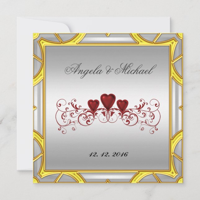 Invitación de boda elegante con corazones rojos y  (Anverso)
