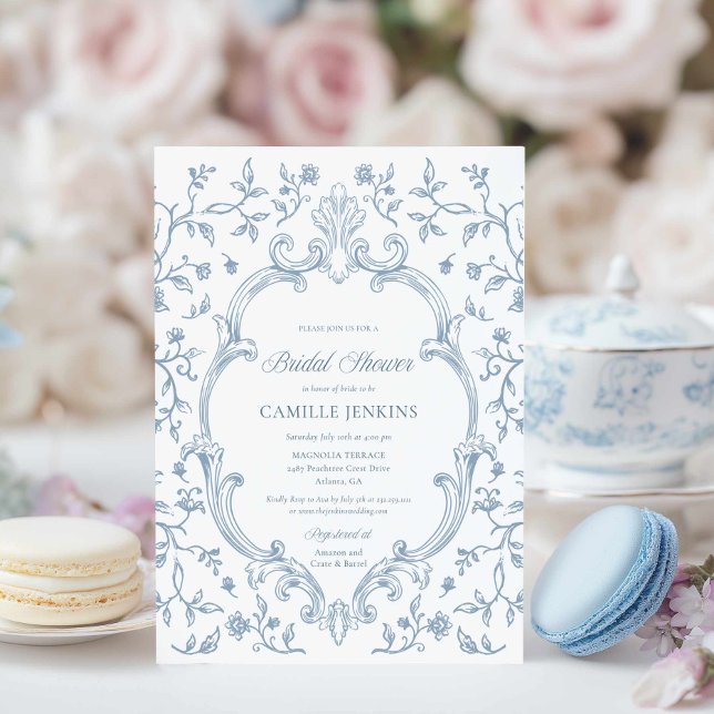 Invitación de boda elegante con cresta de toile az (Classic Blue Crest and Toile Bridal Shower Invitation)
