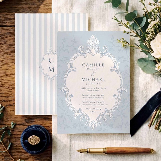 Invitación de boda elegante con cresta y franja az (Elegant Crest Toile Wedding Invitation)