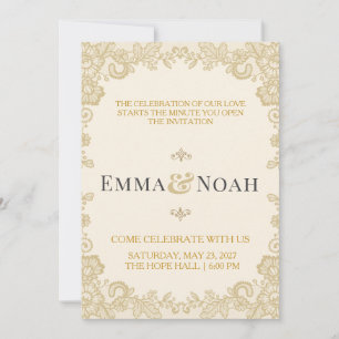 Invitación de boda elegante con encaje dorado real