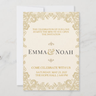 Invitación de boda elegante con encaje dorado real