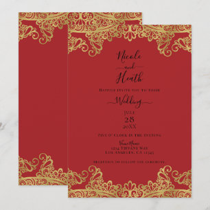 Invitación de Boda Elegante con Encaje Rojo y Dora