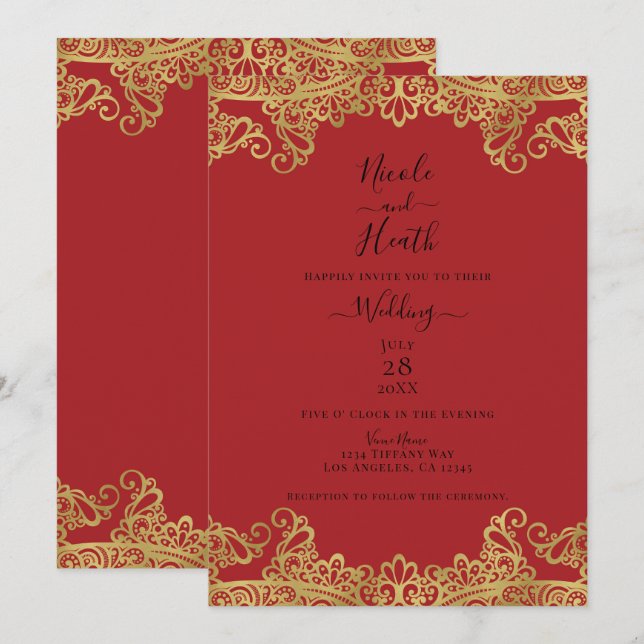 Invitación de Boda Elegante con Encaje Rojo y Dora (Anverso / Reverso)