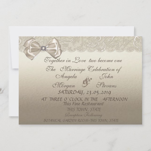Invitación de boda elegante con encaje y lazo (Anverso)