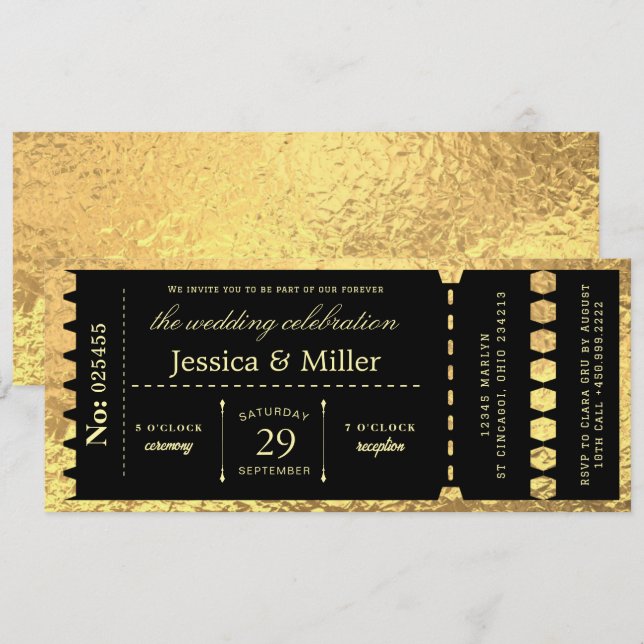 Invitación de boda elegante con entrada negra y do (Anverso / Reverso)