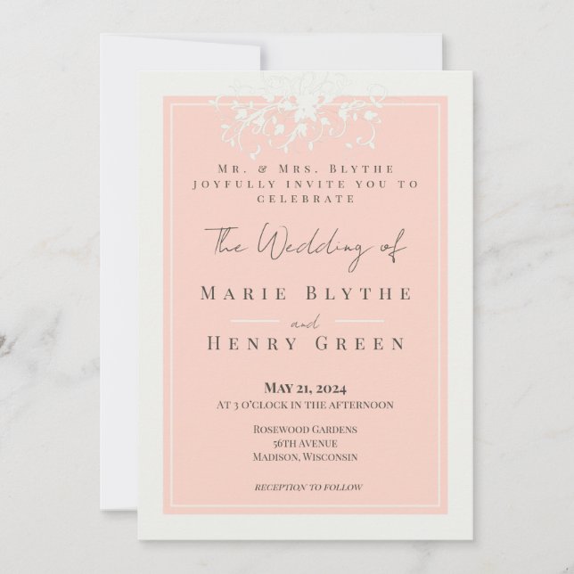 Invitación de boda elegante con filigrana de coral (Anverso)