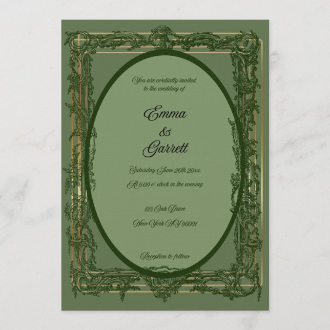 Invitación de boda elegante con filigrana verde (Anverso)