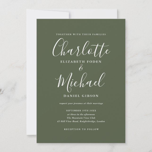 Invitación de boda elegante con firma en verde oli (Anverso)