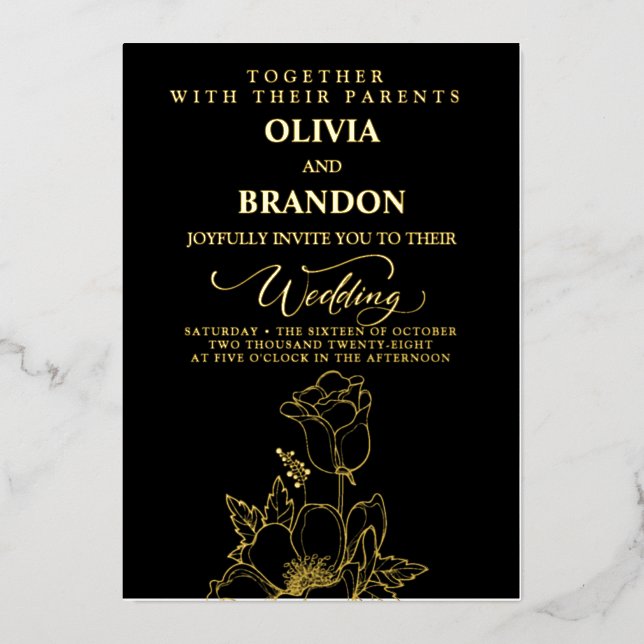 Invitación de Boda Elegante con Floral de Oro (Anverso)