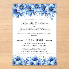 Invitación de boda elegante con flores azules boho