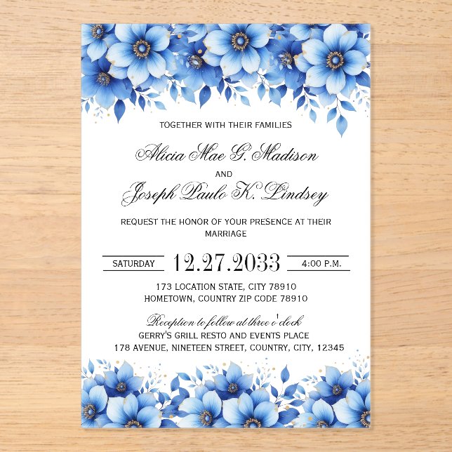 Invitación de boda elegante con flores azules boho (Anverso)